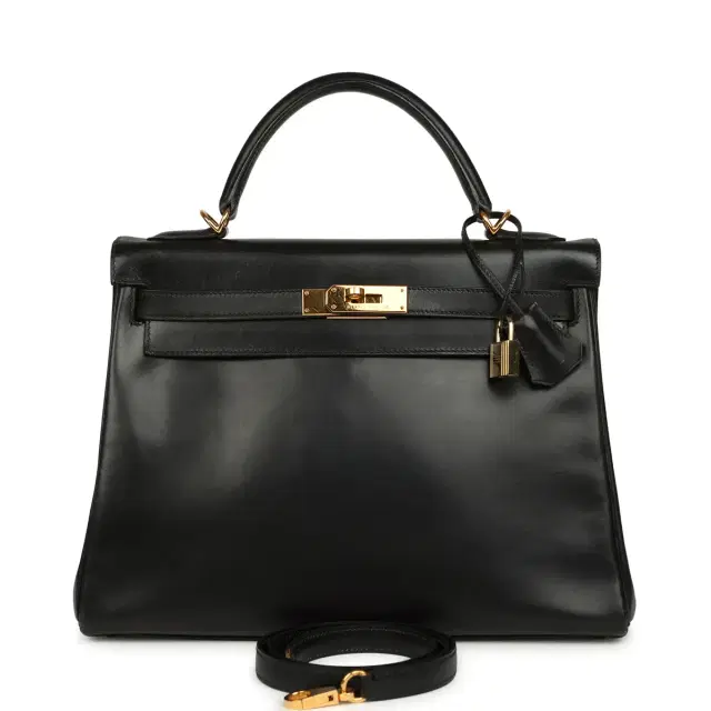 HERMÈS Vintage Hermes Kelly Retourne 32 Black Box Gold Hardware