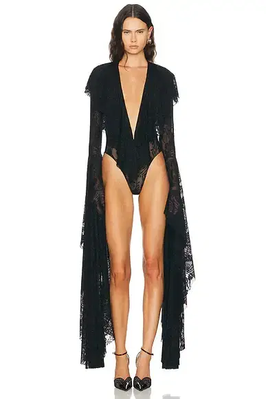 Norma Kamali XL Sleeve Deep V Ruffle Bodysuit