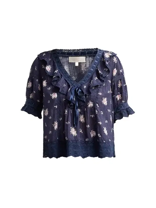 LoveShackFancy Women's Romilly Floral Cotton Blouse - Inkwash