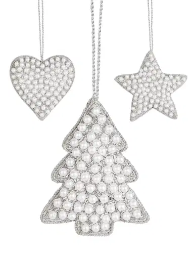Sudha Pennathur Holiday Metallic & Imitation Pearl Heart, Tree, & Star 3-Piece Ornament Set - Silver | Thumbnail 1