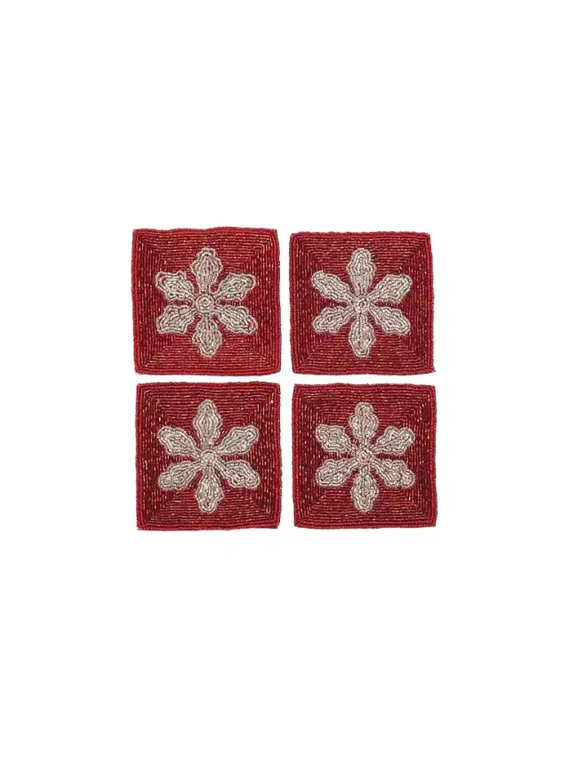 Sudha Pennathur Holiday 2022 Set of 4 Beaded Snowflake Coasters - Red