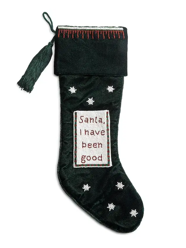 Sudha Pennathur Santa, I Have Been Good Beaded Velvet Stocking - Green