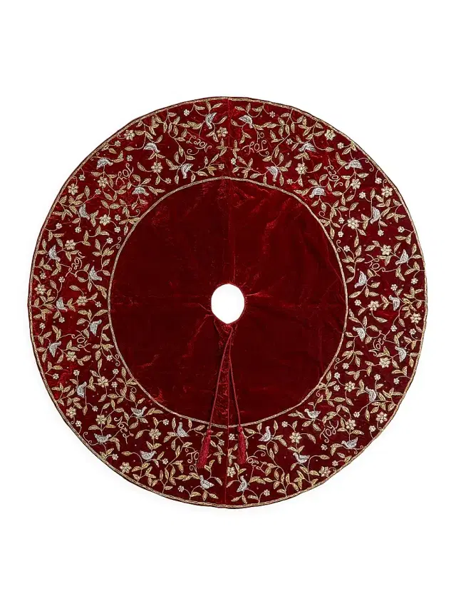 Sudha Pennathur Birds & Noel Embroidered Velvet Tree Skirt - Red
