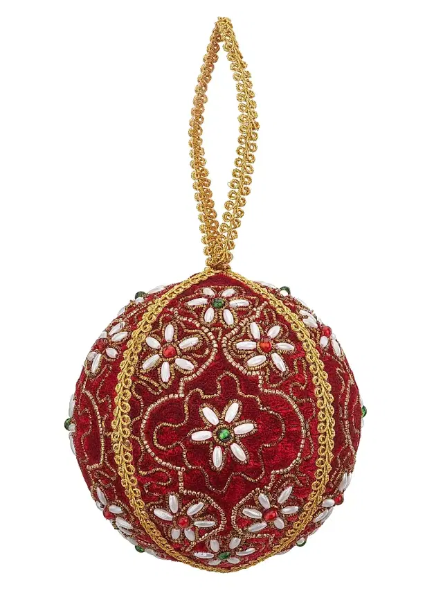 Sudha Pennathur Holiday Red Velvet, Glass Bead & Imitation Pearl Ball Ornament - Red