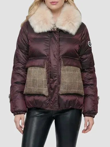 Gorski Women's Apres-Ski Mix Media Parka Coat with Detachable Lamb Hood Trim - Burgundy Iceberg - Size XL | Thumbnail 3 Gorski Women's Apres-Ski Mix Media Parka Coat with Detachable Lamb Hood Trim - Burgundy Iceberg - Size XL | Thumbnail 3
