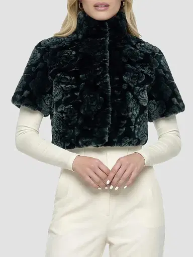 Gorski Women's Select Lamb Rose Cut Bolero Cropped Sleeves Coat - Emerald Brisa - Size Large | Thumbnail 3 Gorski Women's Select Lamb Rose Cut Bolero Cropped Sleeves Coat - Emerald Brisa - Size Large | Thumbnail 3