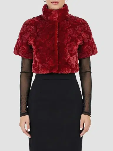 Gorski Women's Select Lamb Rose Cut Bolero Cropped Sleeves Coat - Red Brisa - Size Large | Thumbnail 3 Gorski Women's Select Lamb Rose Cut Bolero Cropped Sleeves Coat - Red Brisa - Size Large | Thumbnail 3