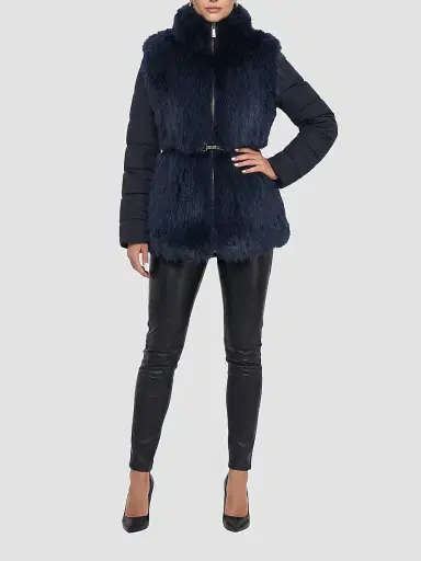 Gorski Women's Select Shearling Lamb Jacket with Quilted Sleeves and Back, Belt - Navy | Thumbnail 2