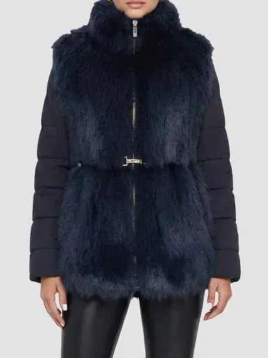 Gorski Women's Select Shearling Lamb Jacket with Quilted Sleeves and Back, Belt - Navy | Thumbnail 3