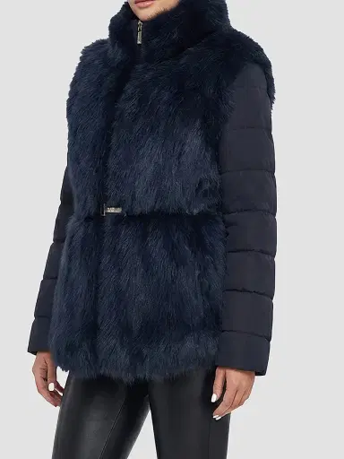 Gorski Women's Select Shearling Lamb Jacket with Quilted Sleeves and Back, Belt - Navy | Thumbnail 4