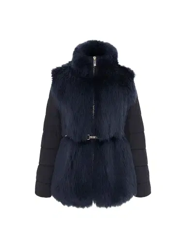 Gorski Women's Select Shearling Lamb Jacket with Quilted Sleeves and Back, Belt - Navy | Thumbnail 1