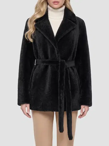Gorski Women's Textured Shearling Lamb Coat with Belt - Black - Size XL | Thumbnail 3 Gorski Women's Textured Shearling Lamb Coat with Belt - Black - Size XL | Thumbnail 3