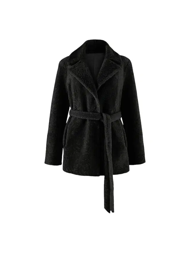 Gorski Women's Textured Shearling Lamb Coat with Belt - Black - Size XL