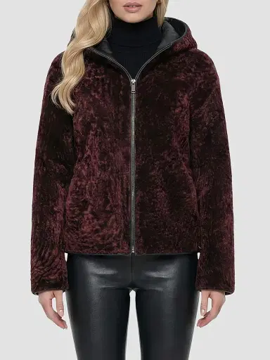 Gorski Women's Textured Shearling Lamb Jacket, Hood - Burgundy - Size XL | Thumbnail 3 Gorski Women's Textured Shearling Lamb Jacket, Hood - Burgundy - Size XL | Thumbnail 3