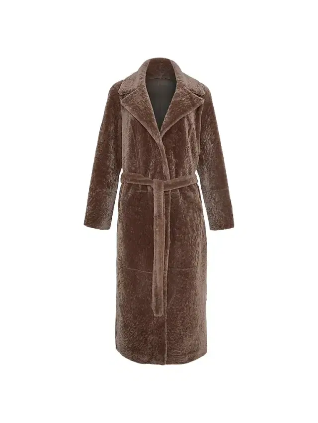 Gorski Women's Textured Shearling Lamb Coat, Belt - Camel - Size Large