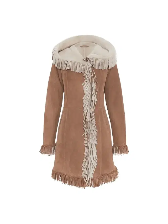 Gorski Women's Merino Shearling Lamb Parka with Fringes, Suede Finish - Chestnut White