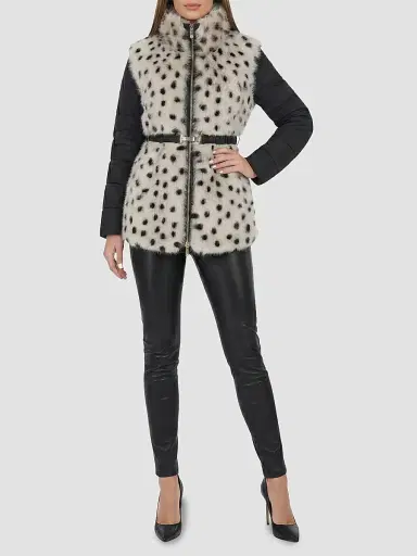 Gorski Women's Select Lamb Coat with Quilted Sleeves and Back with Belt - Beige Black Spotted | Thumbnail 2