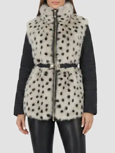 Gorski Women's Select Lamb Coat with Quilted Sleeves and Back with Belt - Beige Black Spotted | Thumbnail 3