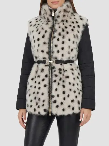 Gorski Women's Select Lamb Coat with Quilted Sleeves and Back with Belt - Beige Black Spotted | Thumbnail 4