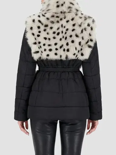 Gorski Women's Select Lamb Coat with Quilted Sleeves and Back with Belt - Beige Black Spotted | Thumbnail 5