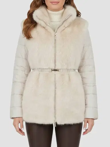 Gorski Women's Select Shearling Lamb Jacket with Quilted Sleeves and Back, Belt - Palomino | Thumbnail 3