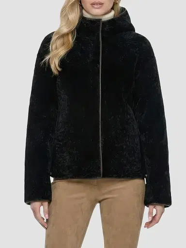 Gorski Women's Textured Shearling Lamb Jacket, Hood - Black - Size Large | Thumbnail 3