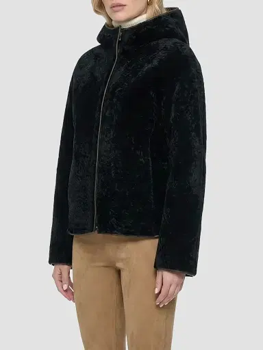 Gorski Women's Textured Shearling Lamb Jacket, Hood - Black - Size Large | Thumbnail 4