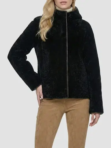 Gorski Women's Textured Shearling Lamb Jacket, Hood - Black - Size Large | Thumbnail 6