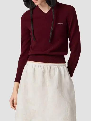 Miu Miu Women's V-Neck Wool Cardigan - Dark Red | Thumbnail 3