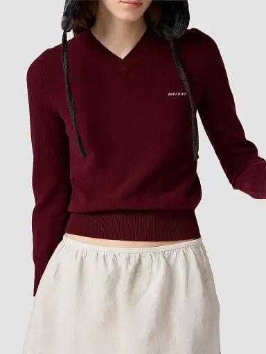 Miu Miu Women's V-Neck Wool Cardigan - Dark Red | Thumbnail 6
