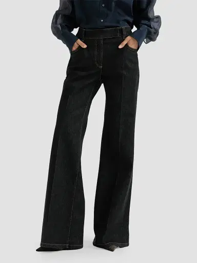 Brunello Cucinelli Women's Comfort No-Fade Denim Flared Trousers with Monili | Thumbnail 3 Brunello Cucinelli Women's Comfort No-Fade Denim Flared Trousers with Monili | Thumbnail 3