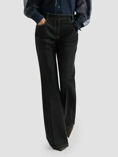 Brunello Cucinelli Women's Comfort No-Fade Denim Flared Trousers with Monili | Thumbnail 6 Brunello Cucinelli Women's Comfort No-Fade Denim Flared Trousers with Monili | Thumbnail 6