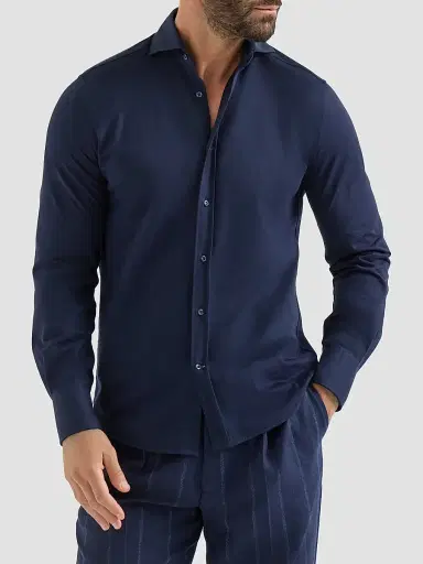 Brunello Cucinelli Men's Cotton Piqué Shirt with Spread Collar | Thumbnail 3 Brunello Cucinelli Men's Cotton Piqué Shirt with Spread Collar | Thumbnail 3