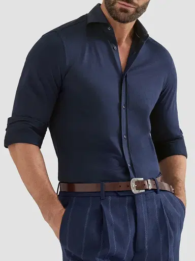 Brunello Cucinelli Men's Cotton Piqué Shirt with Spread Collar | Thumbnail 5 Brunello Cucinelli Men's Cotton Piqué Shirt with Spread Collar | Thumbnail 5