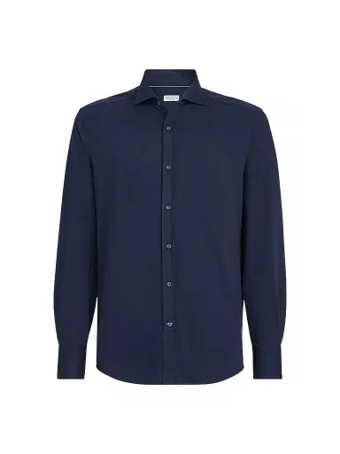 Brunello Cucinelli Men's Cotton Piqué Shirt with Spread Collar | Thumbnail 1 Brunello Cucinelli Men's Cotton Piqué Shirt with Spread Collar | Thumbnail 1