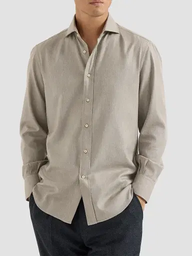 Brunello Cucinelli Men's Stretch Cotton Chevron Flannel Shirt with Spread Collar - Stone | Thumbnail 3