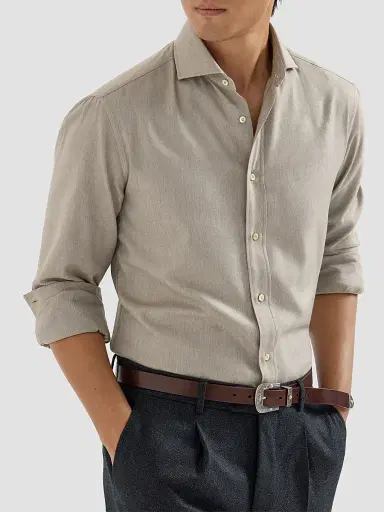 Brunello Cucinelli Men's Stretch Cotton Chevron Flannel Shirt with Spread Collar - Stone | Thumbnail 5