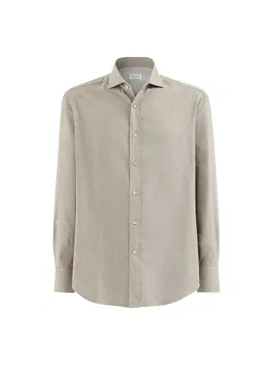 Brunello Cucinelli Men's Stretch Cotton Chevron Flannel Shirt with Spread Collar - Stone | Thumbnail 1