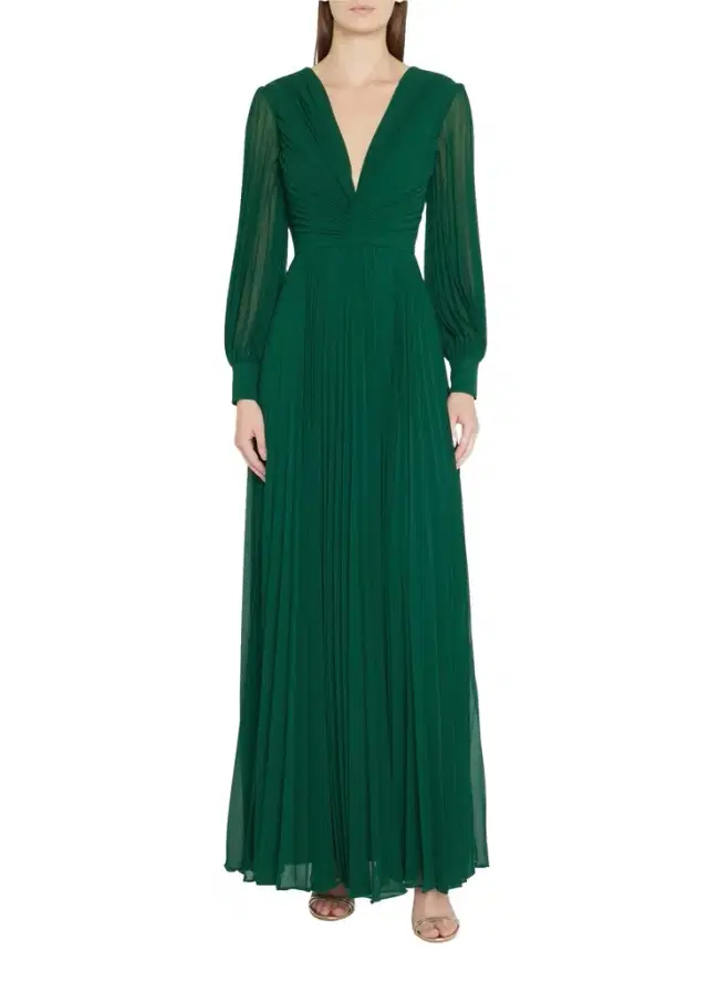 Badgley Mischka Collection Pleated Blouson-Sleeve Deep V-Neck Gown
