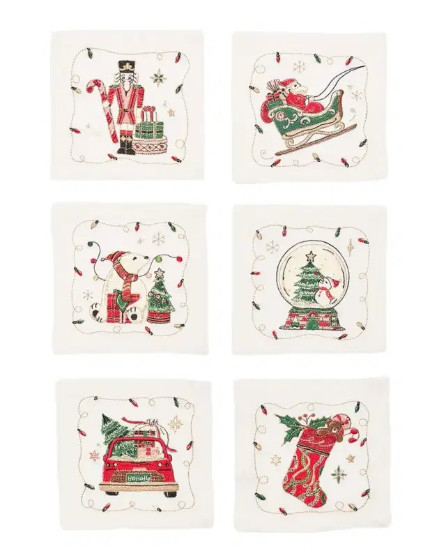 Kim Seybert Holly Jolly Embroidered Cocktail Napkins, Set of 6
