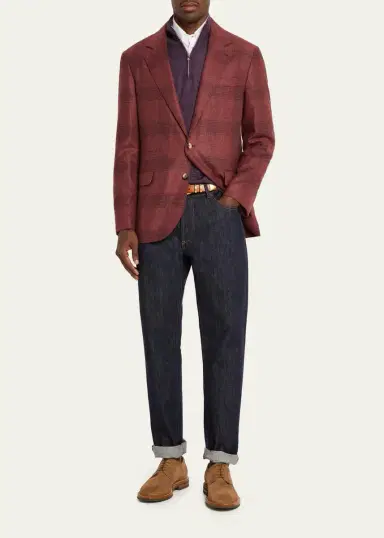 Brunello Cucinelli Men's Plaid Wool-Cashmere Single-Breasted Sport Coat | Thumbnail 2 Brunello Cucinelli Men's Plaid Wool-Cashmere Single-Breasted Sport Coat | Thumbnail 2