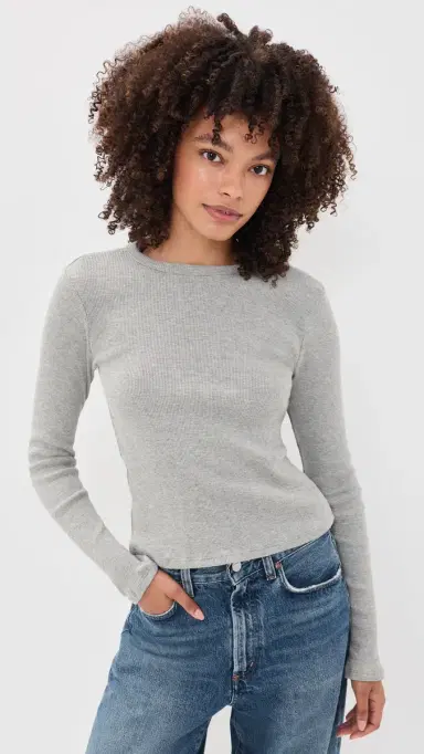 perfectwhitetee Marcela Long Sleeve Cotton Rib Tee Heather Grey | Thumbnail 2