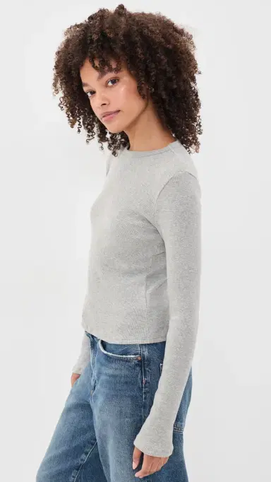 perfectwhitetee Marcela Long Sleeve Cotton Rib Tee Heather Grey | Thumbnail 4