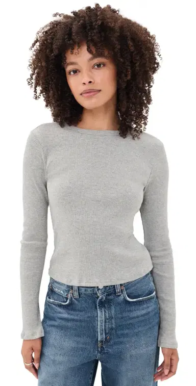 perfectwhitetee Marcela Long Sleeve Cotton Rib Tee Heather Grey | Thumbnail 1