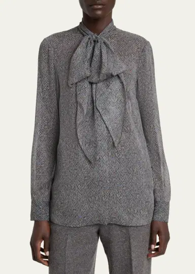 Gabriela Hearst Shildon Herringbone Silk Bow Button-Down Top | Thumbnail 4 Gabriela Hearst Shildon Herringbone Silk Bow Button-Down Top | Thumbnail 4
