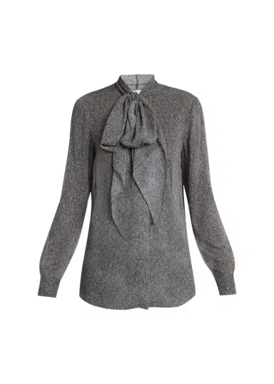 Gabriela Hearst Shildon Herringbone Silk Bow Button-Down Top | Thumbnail 1 Gabriela Hearst Shildon Herringbone Silk Bow Button-Down Top | Thumbnail 1