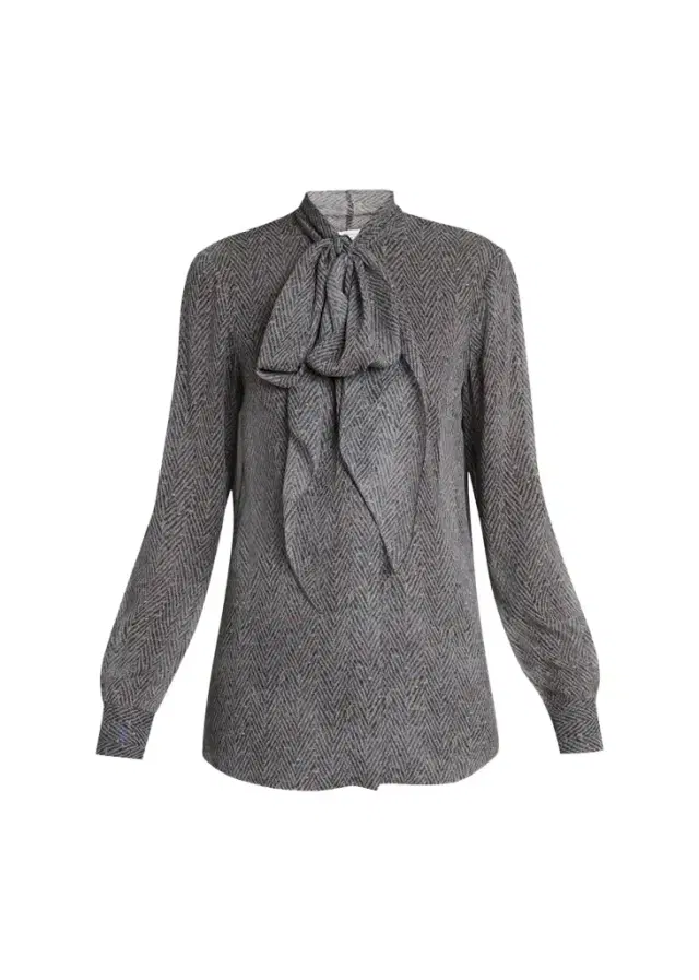 Gabriela Hearst Shildon Herringbone Silk Bow Button-Down Top