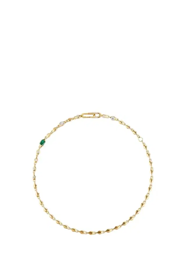 Uniform Object 18K Supernova Reflection Chain Necklace with Diamonds and Emerald