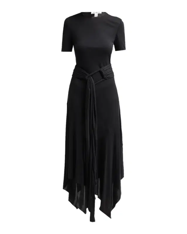 ALAÏA Asymmetric Fluid Jersey Belted Midi Dress