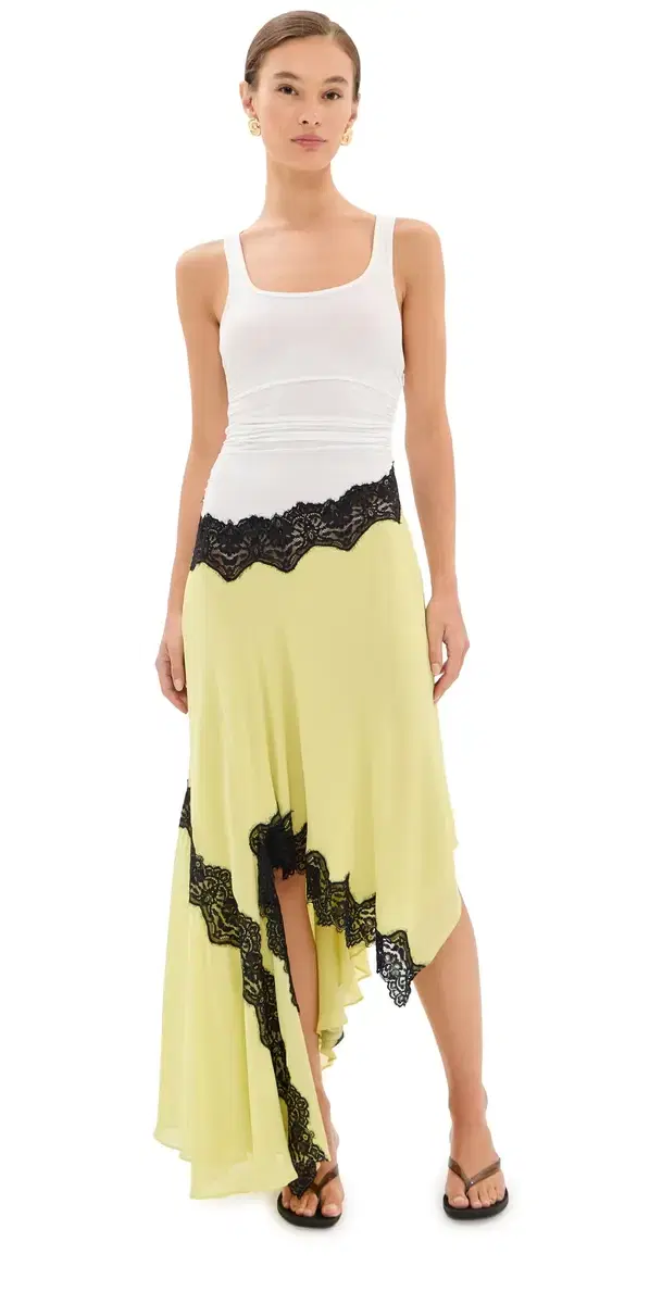 Christopher Esber Cutaway Lace Gathered Tank Silk Dress Chartreuse/Multi